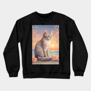 Floral Pastel Cat With Beach Sunset Crewneck Sweatshirt